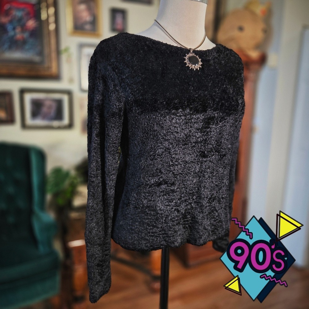 Ball of Cotton Black Knit Sweater Top Hand Loomed Vintage 90s Boatneck M USA